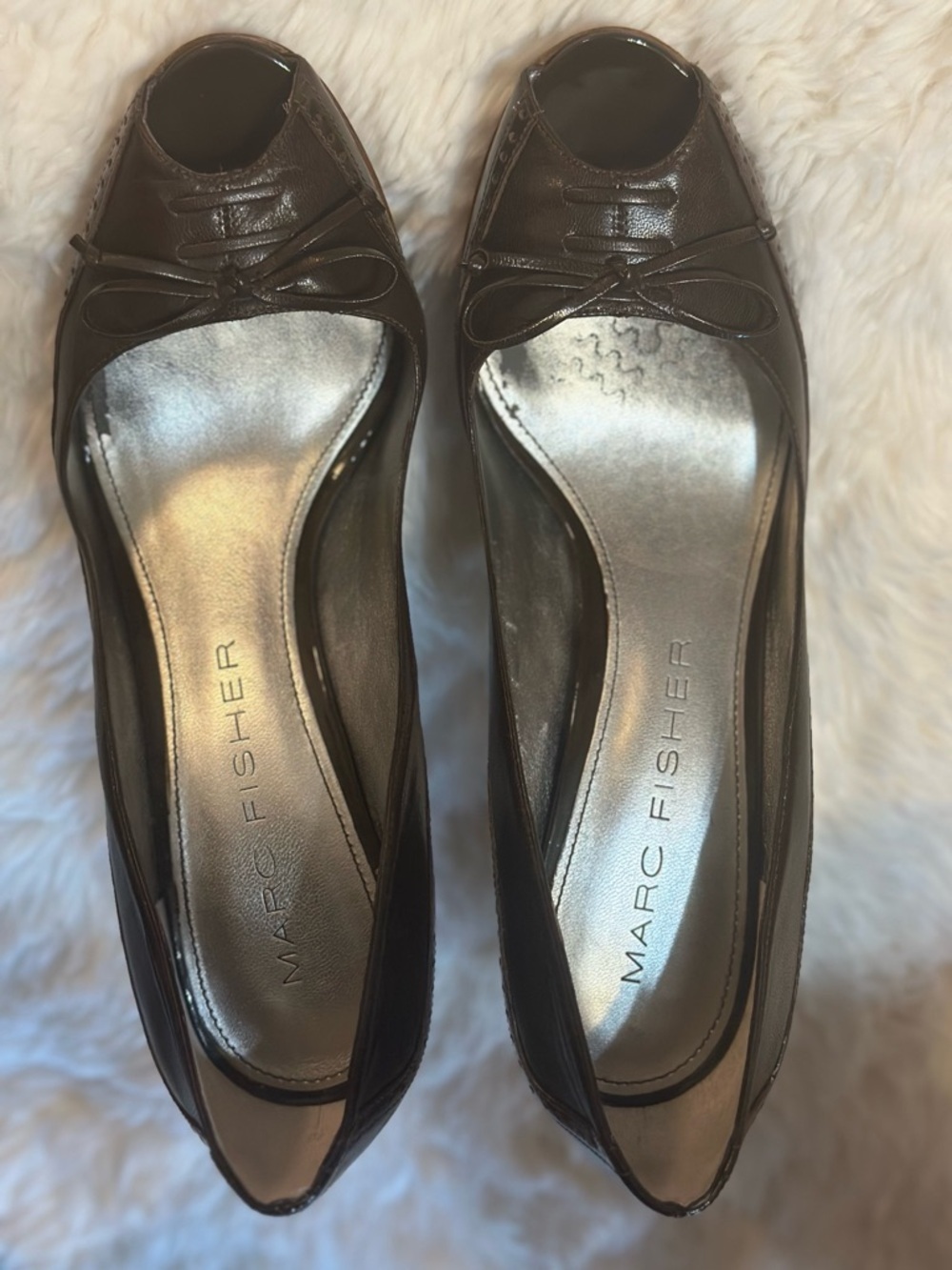 Marc Fisher Brown Leather Peep Toe Platform Heels Size 8 Classic Work Pumps - Picture 7 of 16